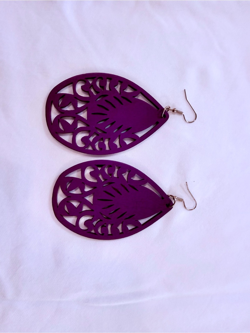Plum Purple Wooden Teardrop Dangle Earrings - Unbranded